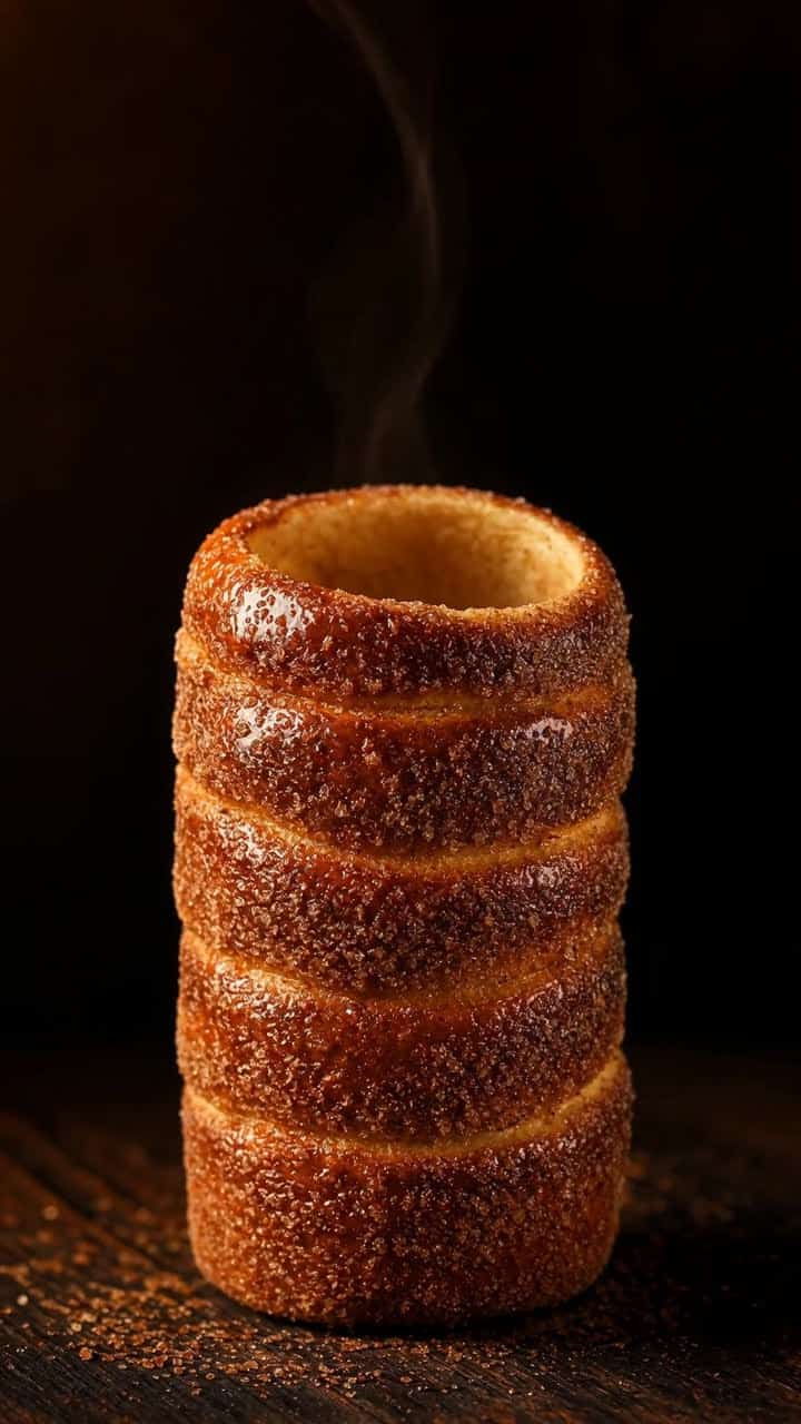 Spirale de pâte dorée tournant sur une broche au-dessus des braises