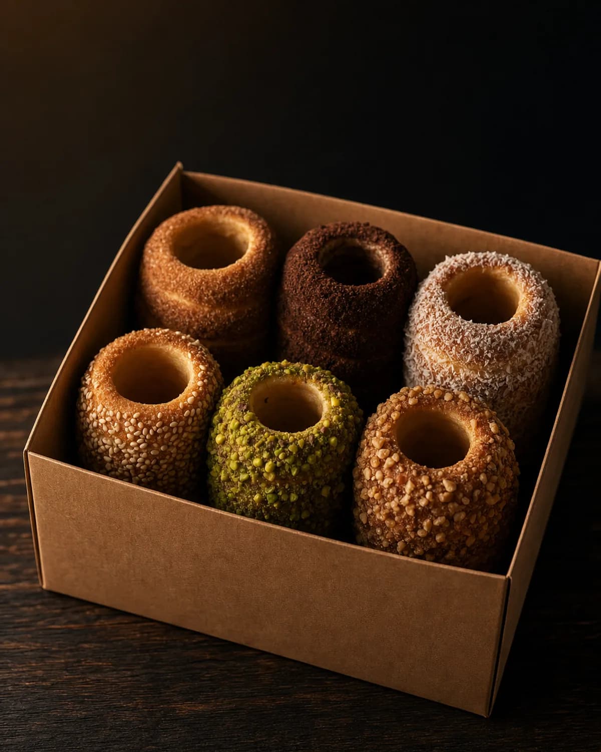 Boîte ouverte de six mini chimney cakes dorés aux toppings variés