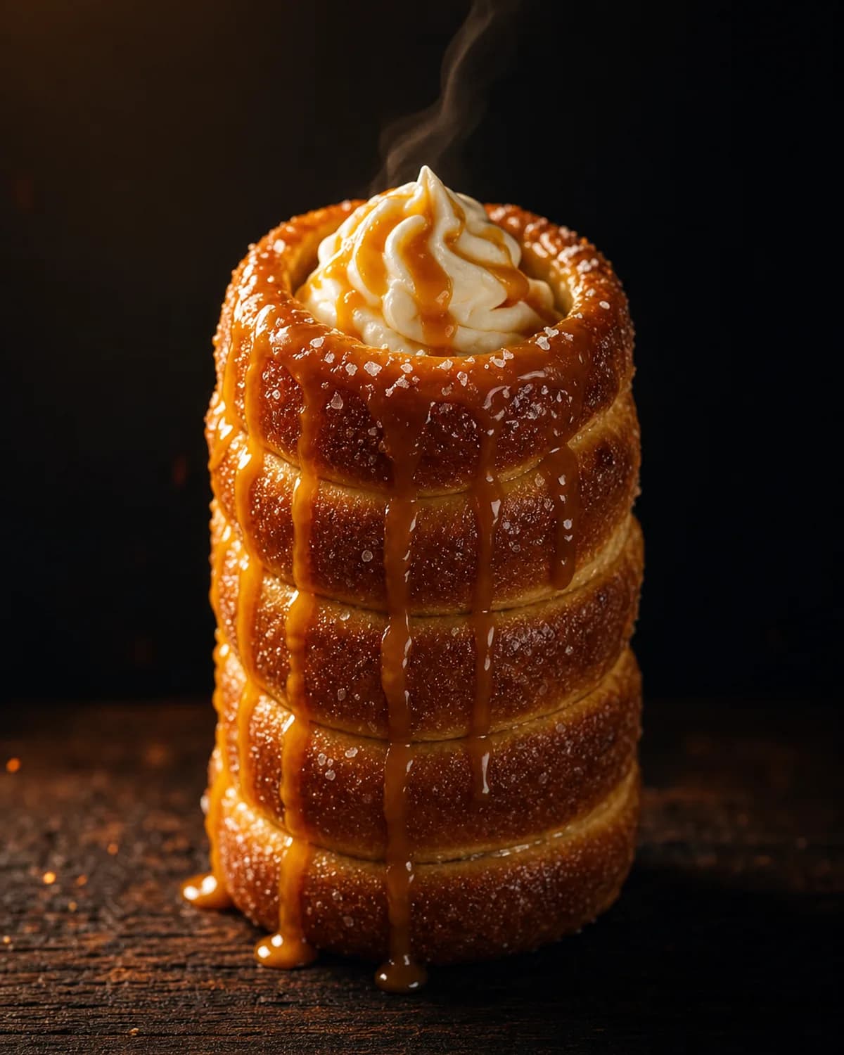 Chimney cake nappé de caramel au beurre salé et crème vanille