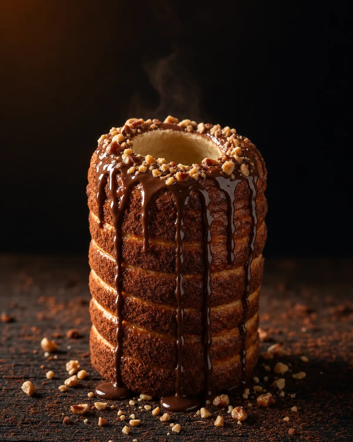 Chimney cake au chocolat noisette coulant et éclats de noisettes
