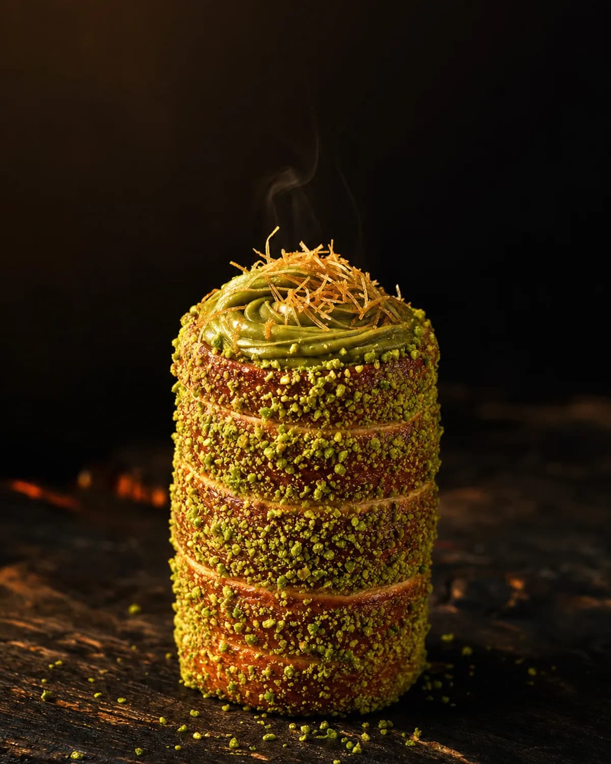 Chimney cake garni de crème pistache verte et d'éclats de pistache