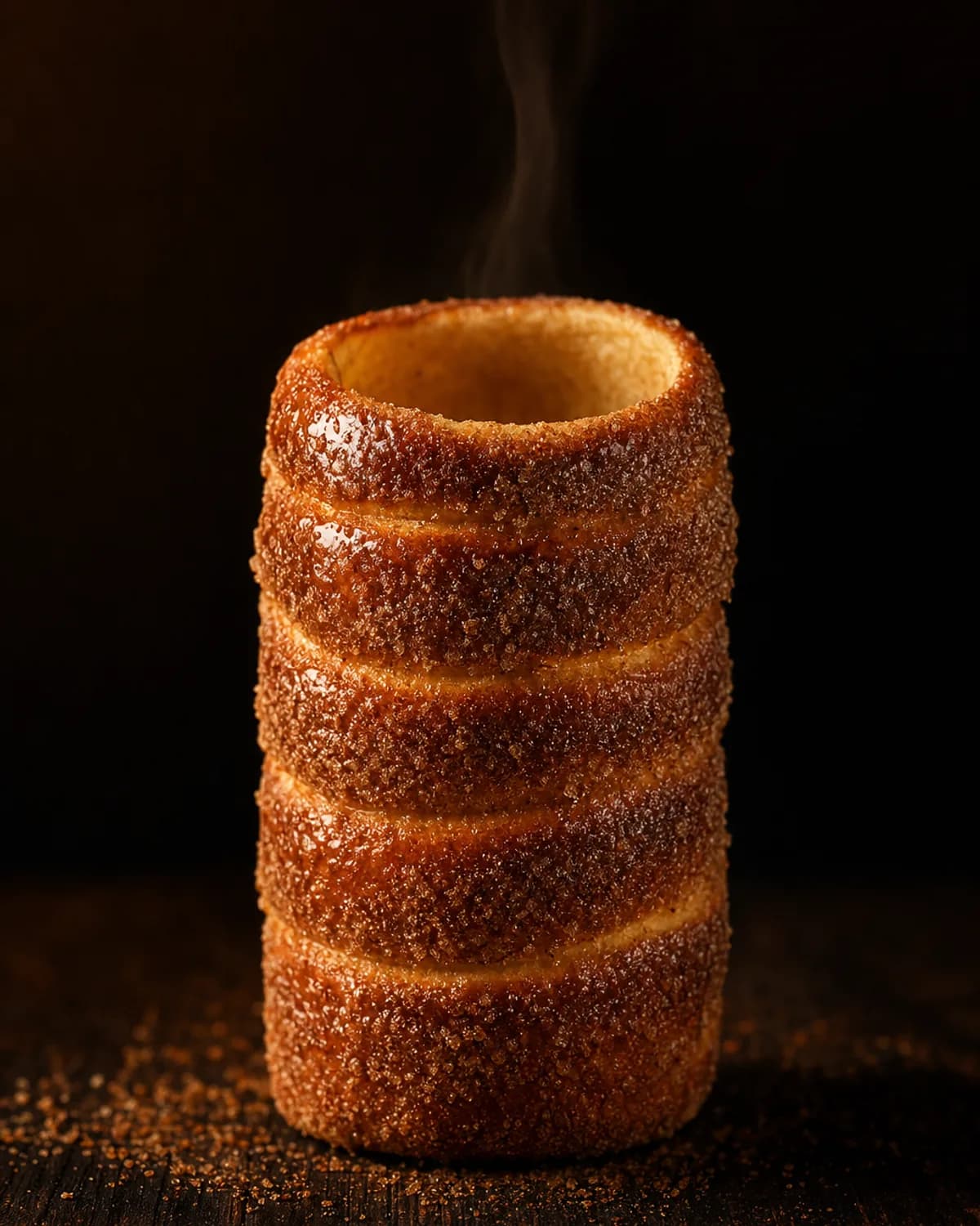 Chimney cake classique doré, croûte caramélisée, roulé dans le sucre à la cannelle