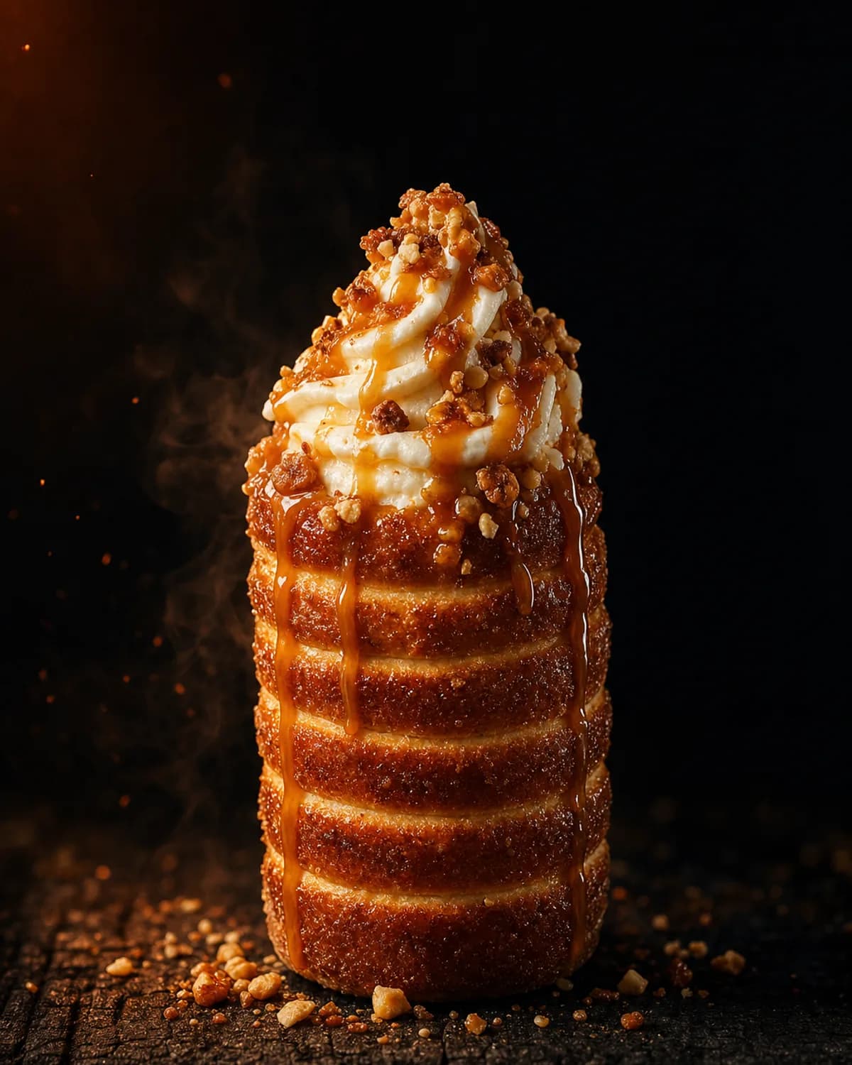 Chimney cake premium garni de glace, sauce et éclats croquants