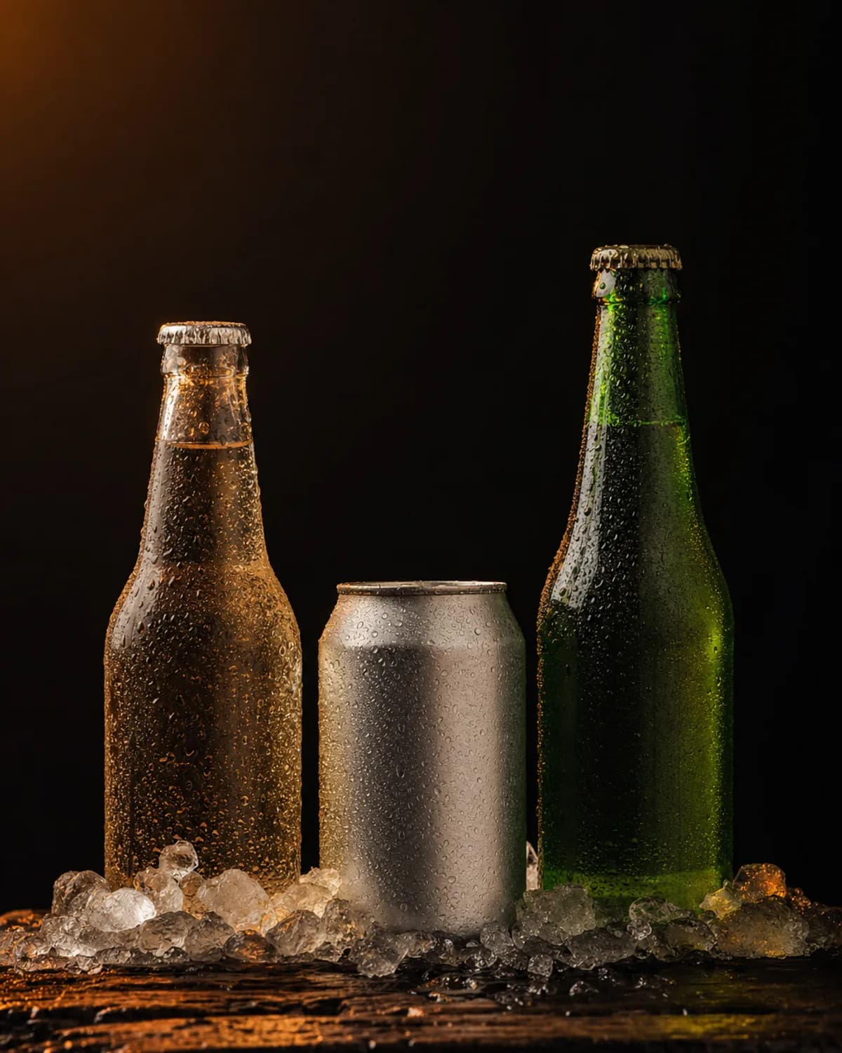 Canettes et bouteilles fraîches sur glace