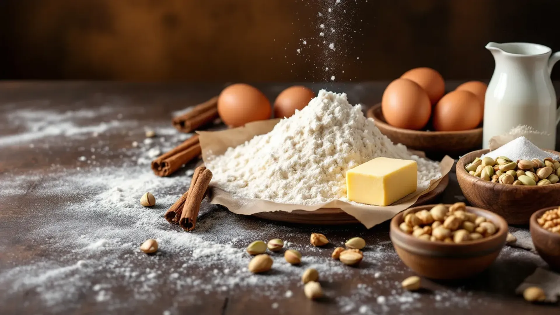 Ingrédients de base : farine, oeufs, beurre, lait, cannelle et fruits secs sur bois sombre